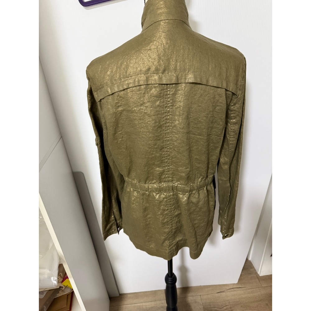 INC International Concepts Metallic Gold Linen Utility Jacket Olive Green Medium - Picture 3 of 5